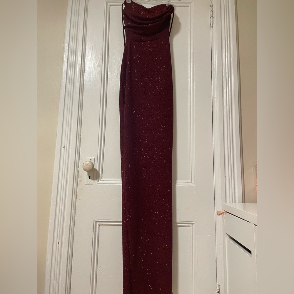burgundy glitter prom dress